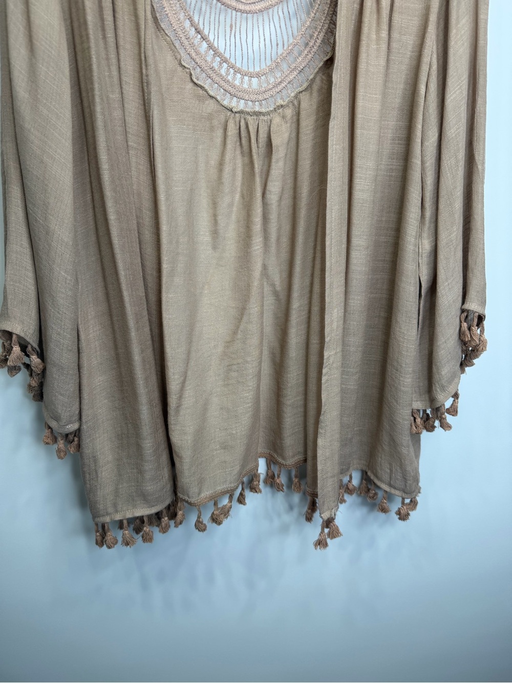 Do Everything In Love Mocha Boho Crochet Back Tassel Kimono Cardigan - Picture 7 of 11